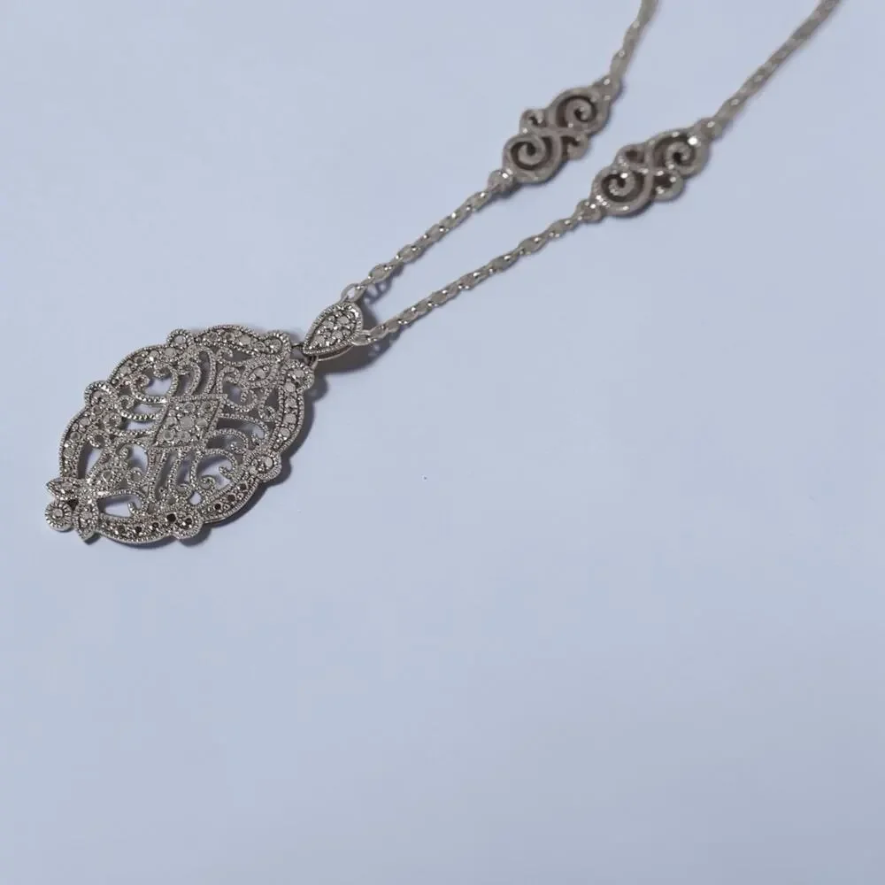 Vintage Sterling Silver Thai Filigree Pendant Necklace SAS Signed 18 Inch 6.8g - Picture 4 of 12